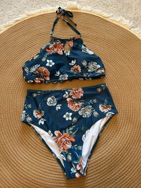 High-Neck Floral Bikini Set in Navy with Orange Accents